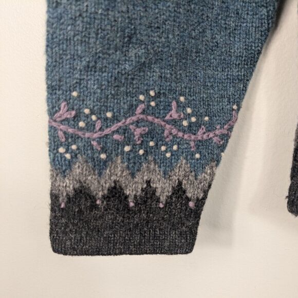 Woolrich Sweater Wool Pullover Vneck Teal Blue Gray Floral Embroidered Outdoor L - Picture 5 of 11